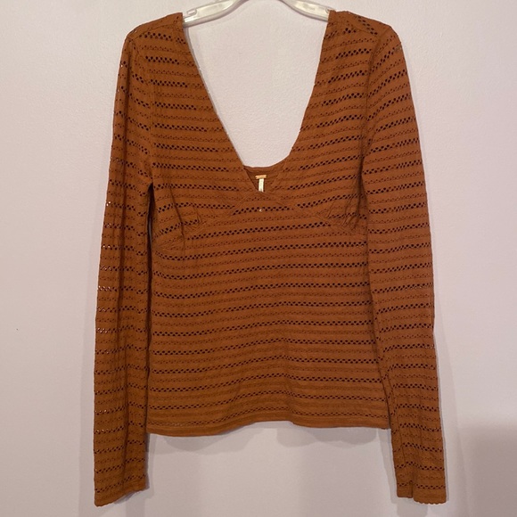 Free People Copper Burnt Orange V-neck Stretchy Long Sleeves Printed Design Top - Picture 2 of 10